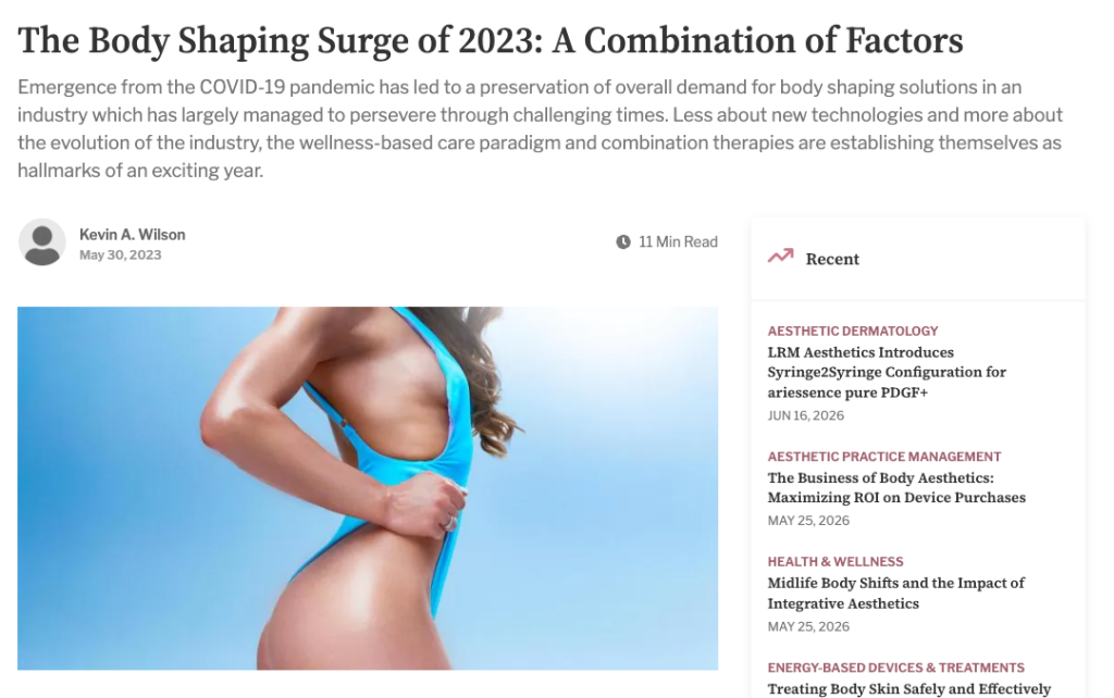 Side view of a person in a blue swimsuit, showing a toned midsection against a blue gradient background used to illustrate body shaping article.